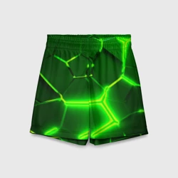 Детские спортивные шорты 3D Плиты неоновые: green hexagon - разлом объемный