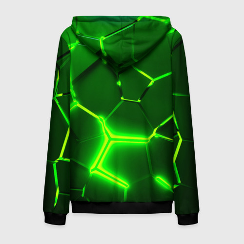 Мужская толстовка 3D на молнии с принтом Плиты неоновые: green hexagon - разлом объемный, вид сзади #1