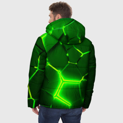 Куртка с принтом Плиты неоновые: green hexagon - разлом объемный для мужчины, вид на модели сзади №2. Цвет основы: черный