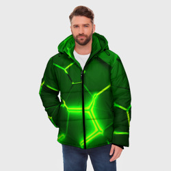 Куртка с принтом Плиты неоновые: green hexagon - разлом объемный для мужчины, вид на модели спереди №2. Цвет основы: черный