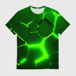 Мужская футболка 3D Плиты неоновые: green hexagon - разлом объемный
