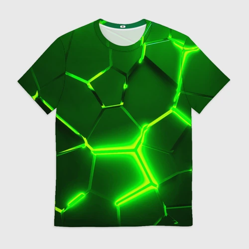 Мужская футболка 3D Плиты неоновые: green hexagon - разлом объемный