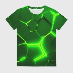 Женская футболка 3D Плиты неоновые: green hexagon - разлом объемный