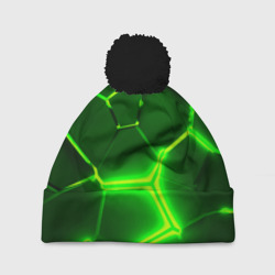 Шапка 3D c помпоном Плиты неоновые: green hexagon - разлом объемный