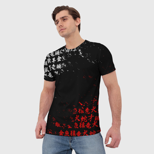 Мужская футболка 3D с принтом Красно белые иероглифы Япония брызги, фото на моделе #1
