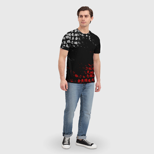 Мужская футболка 3D с принтом Красно белые иероглифы Япония брызги, вид сбоку #3