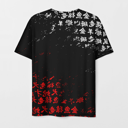 Мужская футболка 3D с принтом Красно белые иероглифы Япония брызги, вид сзади #1