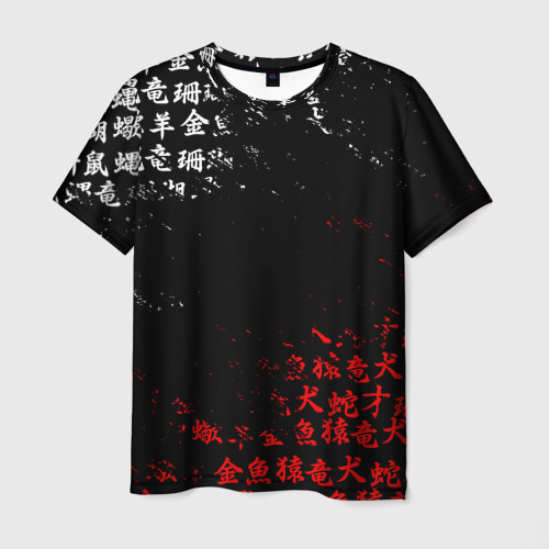 Мужская футболка 3D с принтом Красно белые иероглифы Япония брызги, вид спереди #2