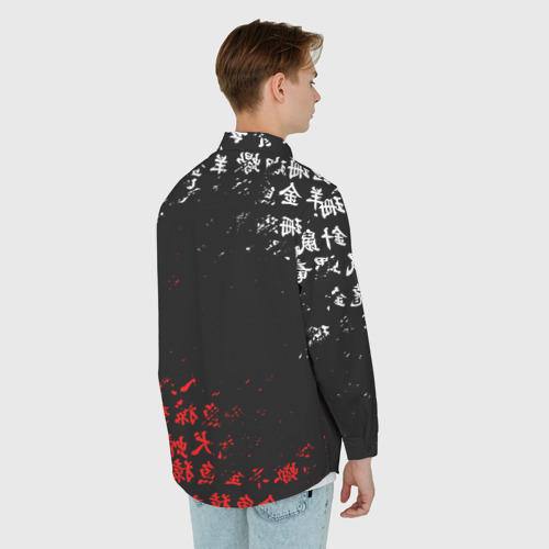 Мужская рубашка oversize 3D с принтом Красно белые иероглифы Япония брызги, вид сзади #2