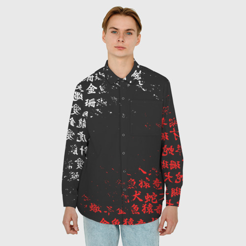 Мужская рубашка oversize 3D с принтом Красно белые иероглифы Япония брызги, фото на моделе #1