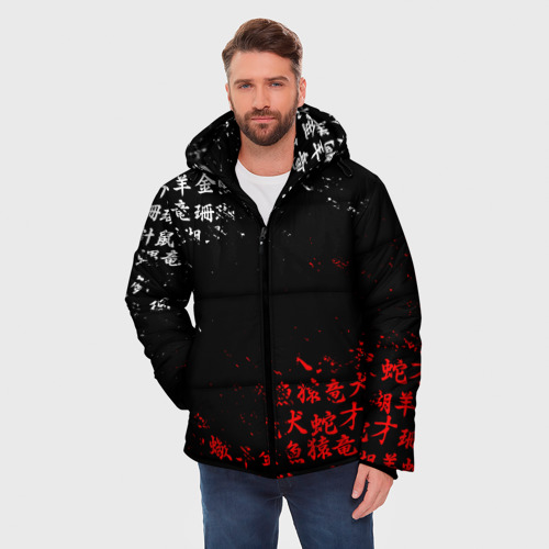 Мужская зимняя куртка 3D Красно белые иероглифы Япония брызги, цвет черный - фото 3