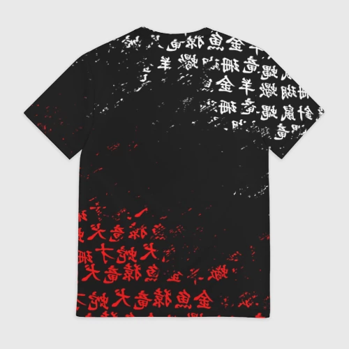 Мужская футболка 3D с принтом Красно белые иероглифы Япония брызги, вид сзади #1
