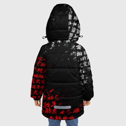 Куртка с принтом КРАСНО БЕЛЫЕ ИЕРОГЛИФЫ / ЯПОНИЯ / БРЫЗГИ для любого человека, вид сзади №2. Цвет основы: черный