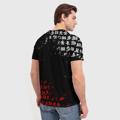 Мужская футболка 3D с принтом Красно белые иероглифы Япония брызги, вид сзади #2