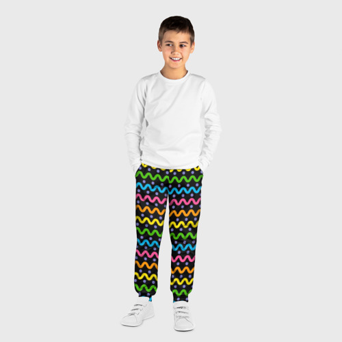 Детские брюки 3D с принтом Разноцветные волнистые  линии, вид сбоку #3