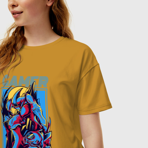 Женская футболка хлопок Oversize Космический ребёнок геймер, цвет горчичный - фото 3