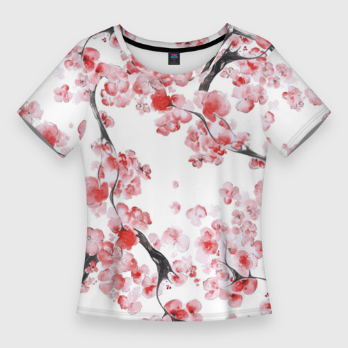 Женская приталенная футболка с принтом Ранняя сакура, вид спереди №1