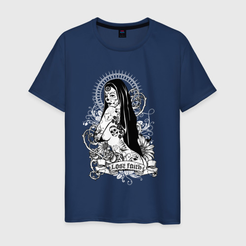 Мужская футболка хлопок Девушка с длинными волосами и тату, цвет темно-синий