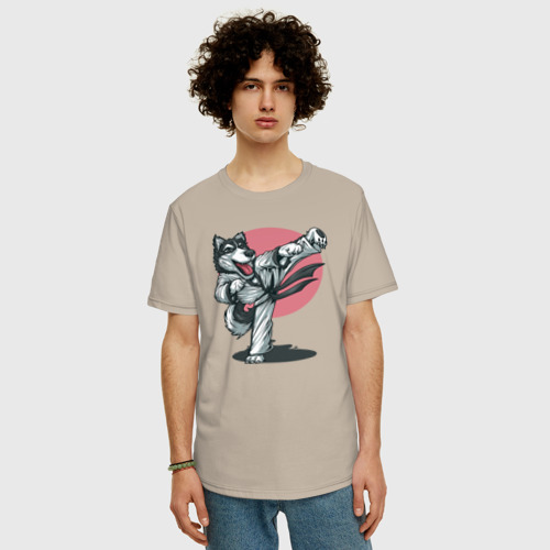 Мужская футболка хлопок Oversize Волк боец, цвет миндальный - фото 3