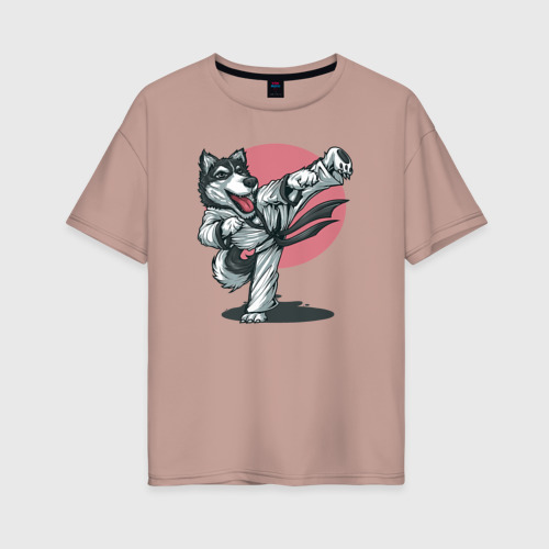 Женская футболка хлопок Oversize Волк боец, цвет пыльно-розовый