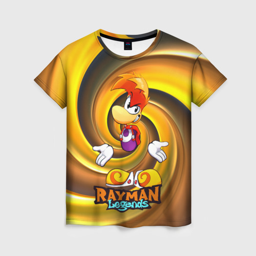 Женская футболка с принтом Rayman Legends на фоне желтой спирали, вид спереди №1