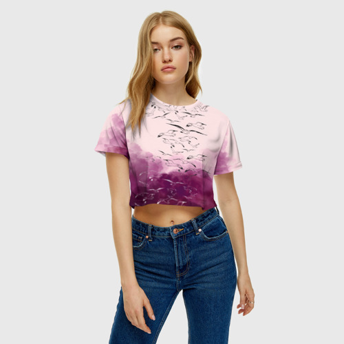 Женская футболка Crop-top 3D Птицы на небе, цвет 3D печать - фото 4