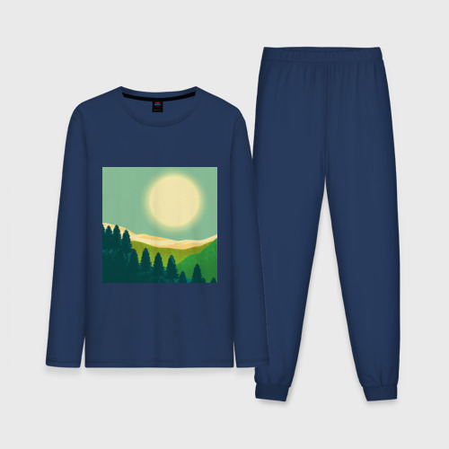 Мужская пижама с лонгсливом хлопок Пейзаж и яркое солнце , цвет темно-синий
