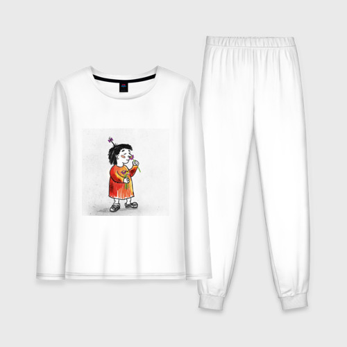 Женская пижама с лонгсливом хлопок Девочка и цветы , цвет белый