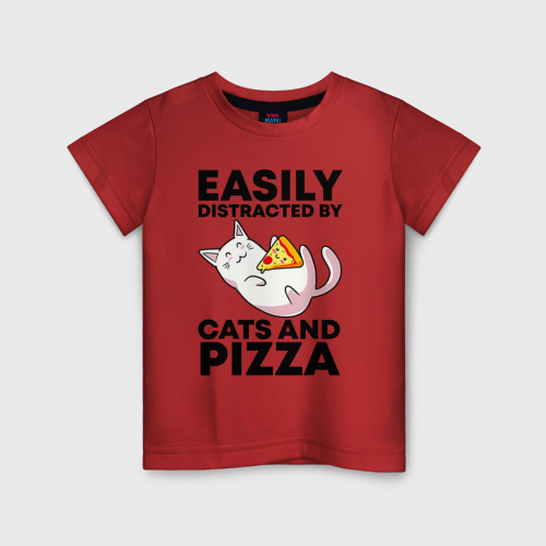 Детская футболка хлопок Легко отвлекаюсь на котов и пиццу, цвет красный