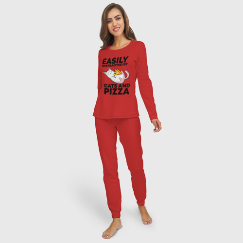 Женская пижама с лонгсливом хлопок Легко отвлекаюсь на котов и пиццу, цвет красный - фото 3