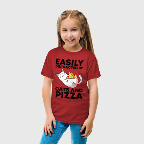 Детская футболка хлопок Легко отвлекаюсь на котов и пиццу, цвет красный - фото 5
