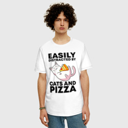 Мужская футболка хлопок Oversize Легко отвлекаюсь на котов и пиццу - фото 2
