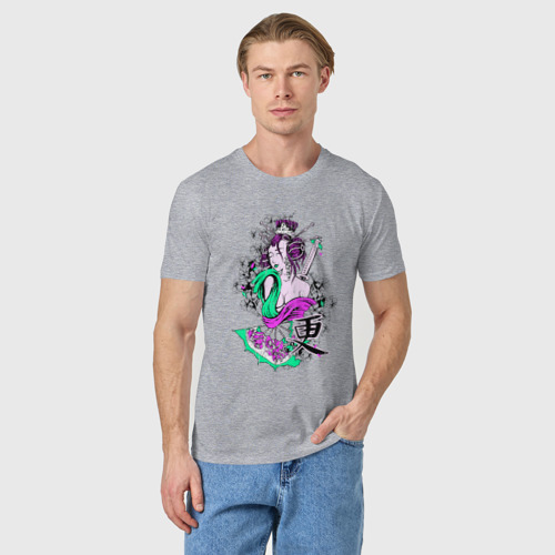Мужская футболка хлопок Гейша с мечом, цвет меланж - фото 3