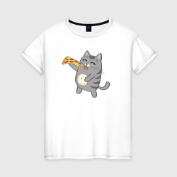 Женская футболка хлопок Кот с кусочком пиццы
