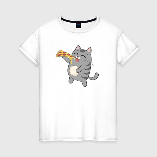 Женская футболка хлопок Кот с кусочком пиццы, цвет белый