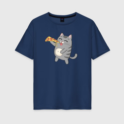 Женская футболка хлопок Oversize Кот с кусочком пиццы