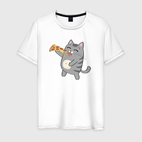 Мужская футболка из хлопка с принтом Кот с кусочком пиццы, вид спереди №1