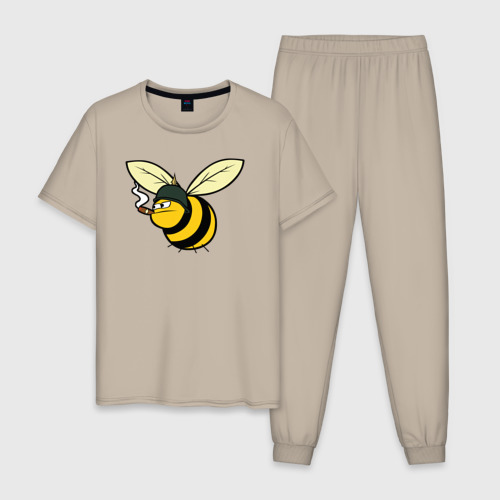 Мужская пижама хлопок Пчелка в каске с сигарой, цвет миндальный