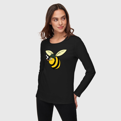 Женский лонгслив хлопок Пчелка в каске с сигарой, цвет черный - фото 3