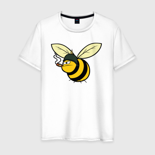 Мужская футболка из хлопка с принтом Пчелка в каске с сигарой, вид спереди №1