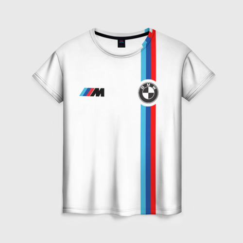 Женская футболка 3D с принтом БМВ | 3 STRIPE | BMW WHITE, вид спереди #2