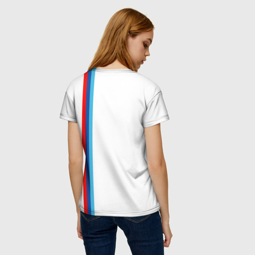 Женская футболка 3D с принтом БМВ | 3 STRIPE | BMW WHITE, вид сзади #2