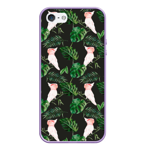Чехол для iPhone 5/5S матовый Белые попугаи и листья, цвет светло-сиреневый