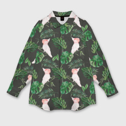 Мужская рубашка oversize 3D Белые попугаи и листья