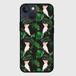 Чехол для iPhone 13 mini Белые попугаи и листья