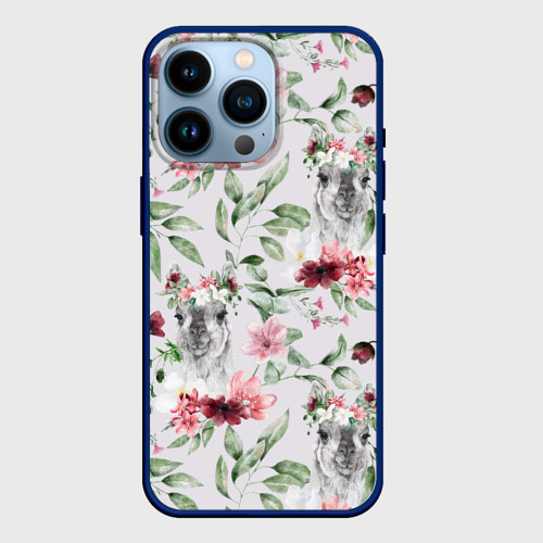 Чехол для iPhone 14 Pro с принтом Ламы и цветы, вид спереди #2