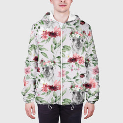 Куртка с принтом Ламы и цветы для мужчины, вид на модели спереди №3. Цвет основы: белый