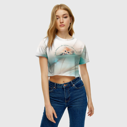 Женская футболка Crop-top 3D Кошка выбирает себе хозяина, и никак иначе, цвет 3D печать - фото 4