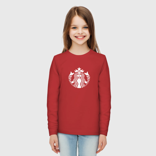 Детский лонгслив хлопок с принтом Starbucks Coffee лого, вид сбоку #3