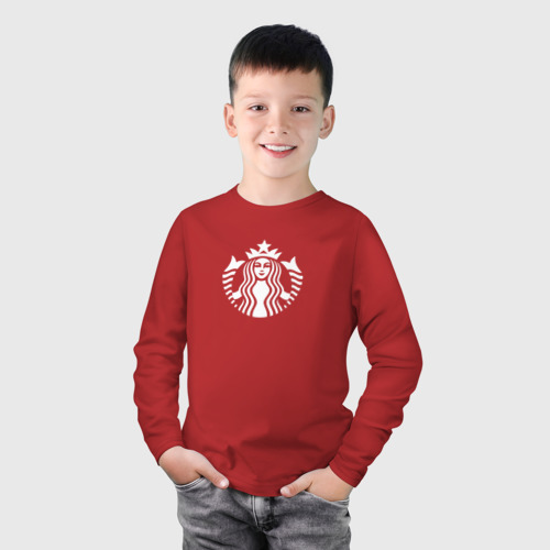 Детский лонгслив хлопок с принтом Starbucks Coffee лого, фото на моделе #1